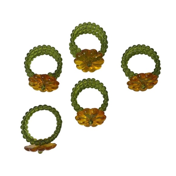 Glass Bead with Flower Daisy Napkin Ring Lot of 5 Orange Green Boho Tablescape - Picture 6 of 7